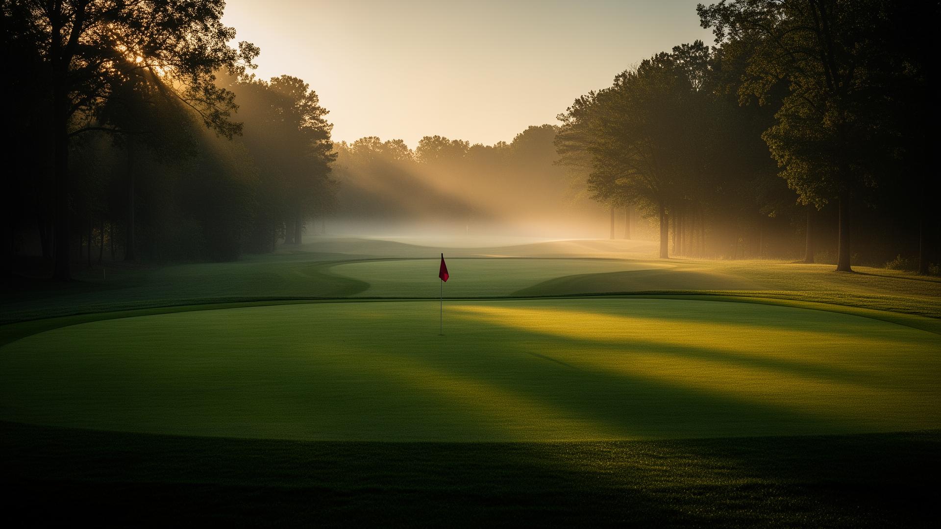 Misty golf course fairway at dawn